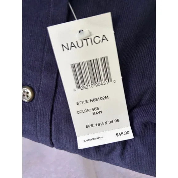 Nautica Mens Navy Corduroy Button Down Shirt Size 16 1/2 34/35 NWT - Picture 3 of 3